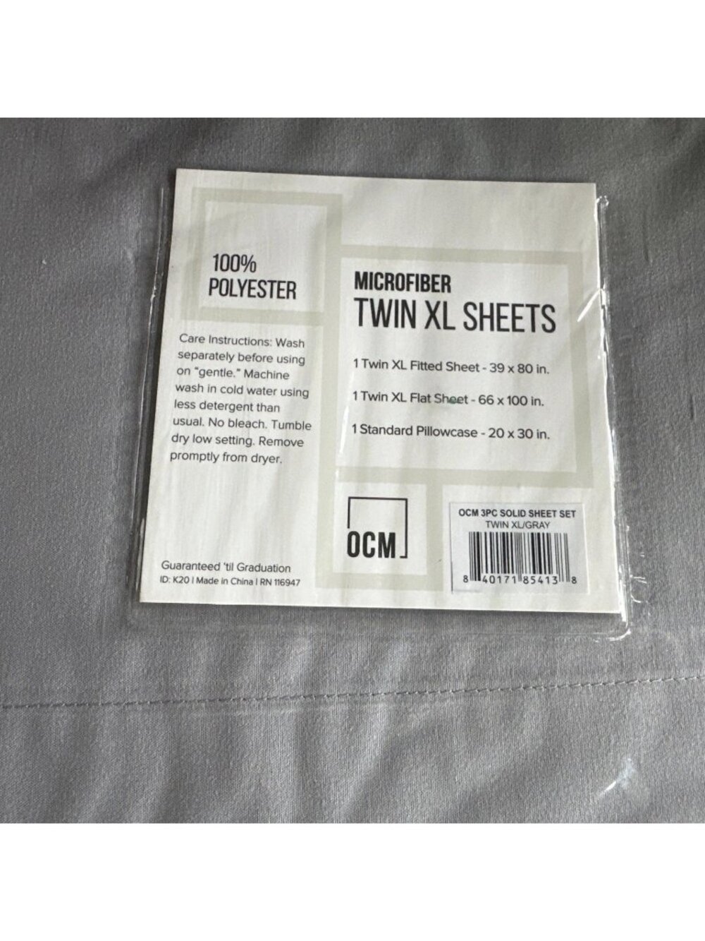 Twin XL Microfiber 3 Piece Sheet Set Solid Gray OCM Dorm Pillowcase Flat Fitted